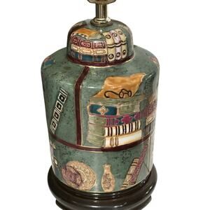 1970s Library Book Ceramic Desk Lamp Green Mauve Brass Wood Base